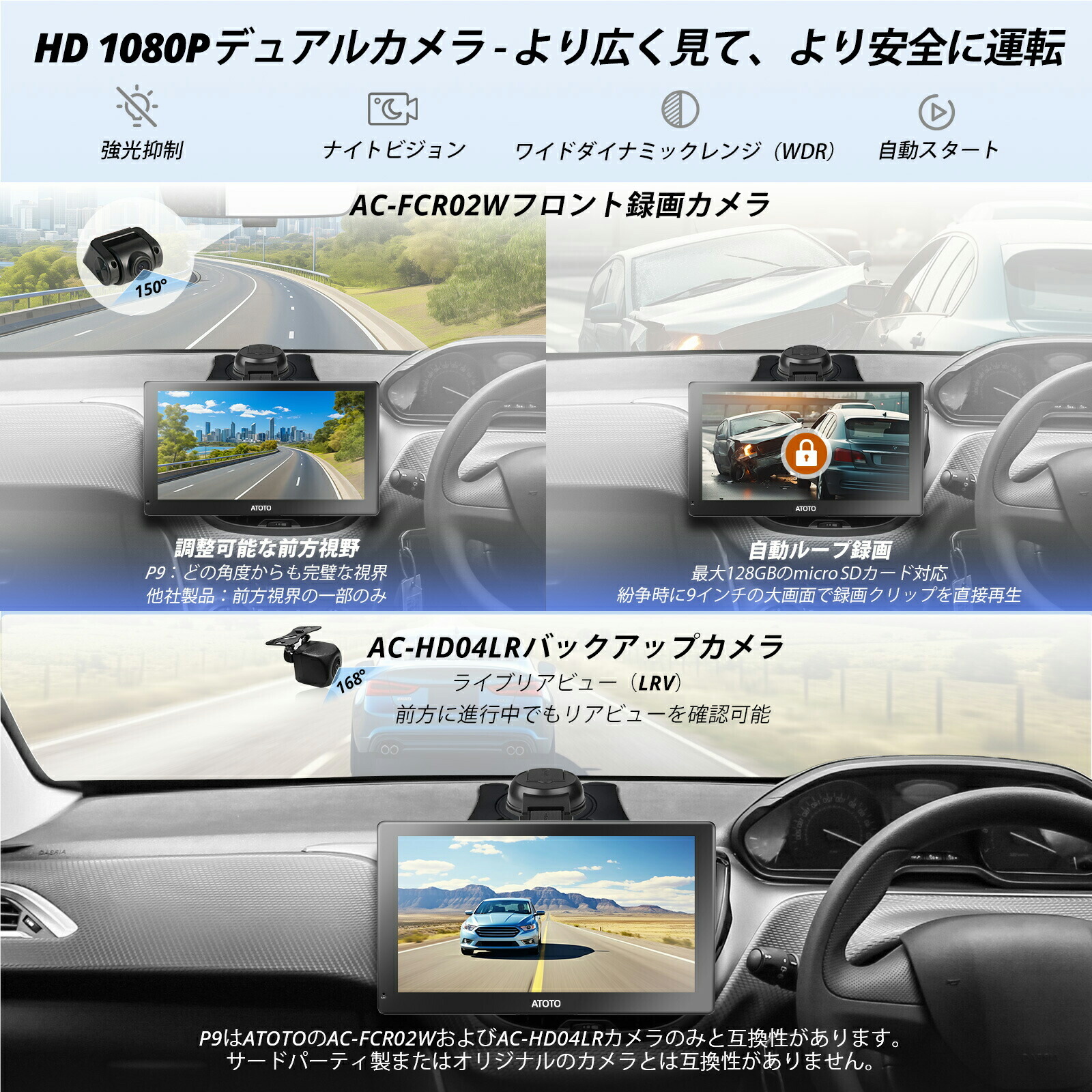 ATOTO P909PR-S3 9インチ フロントドラレコカメラ バックカメラ付