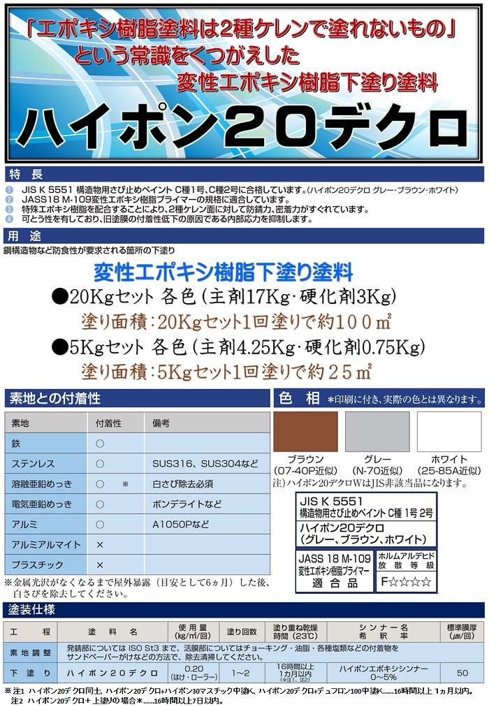 ニッペ ハイポン２０デクロ 各色 5Kgセット【2液 油性 錆止め 日本