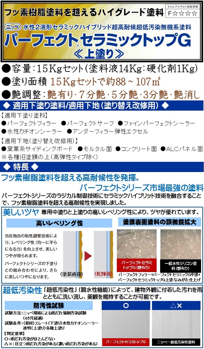 ニッペ パーフェクトセラミックトップG 上塗 艶有 日本塗料工業会(淡彩色) ラッキーのニッペ １５Kgセット/２液 材料 部品 水性 無機  パーフェクトセラミックトップG 日本ペイント ※艶調整可能(※別料金) Z3451 Z3448 ペイントアシスト ラッキー