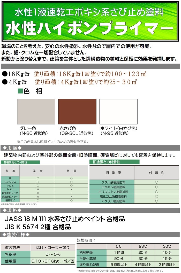 ニッペ 水性ハイポンプライマー 各色 4Kg缶【1液 水性 エポキシ