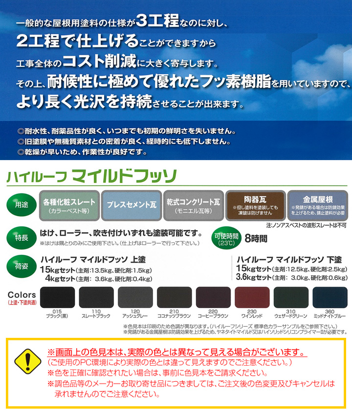 ハイルーフ マイルドフッソ 上塗 15kgセット （大同塗料/屋根/弱溶剤/2液型） : r-354 : ペイントジョイYahoo!店 - 通販 -  Yahoo!ショッピング