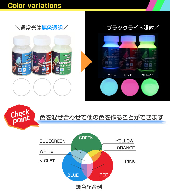 マジックルミノペイント 50g×3色セット+ブラックライト (シンロイヒ) 関連画像1