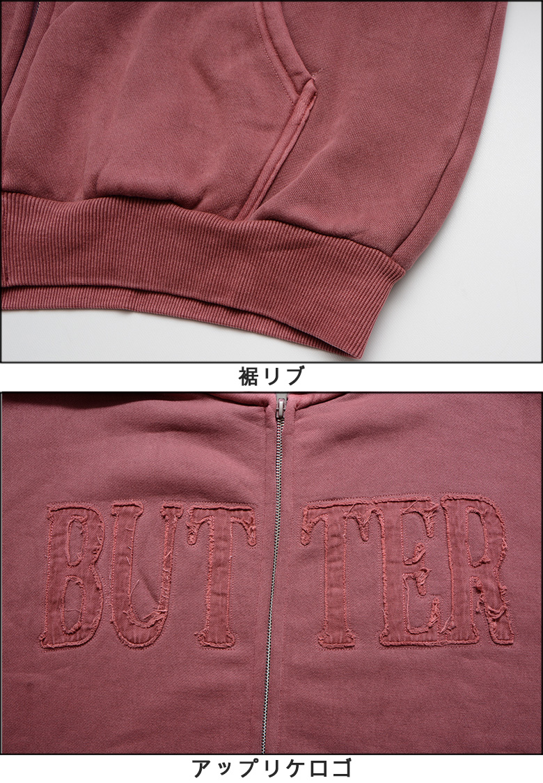 バターグッズ パーカー BUTTER GOODS FABRIC APPLIQUE ZIP THRU HOOD HOOD ジップパーカー  ジップアップパーカー フードスウェット パーカー