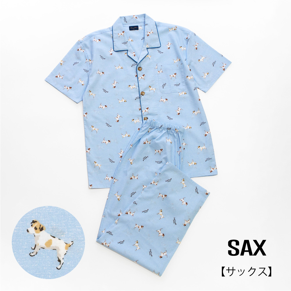 パジャマ メンズ 綿100％ 半袖 夏 前開き ボタン ジャックラッセル