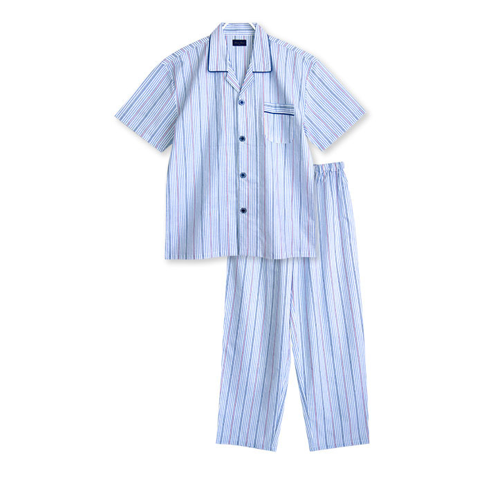 パジャマ ルームウエア メンズ 夏 半袖 綿100％ 前開き 薄手のシャツ ストライプ柄 ブルー/グ...