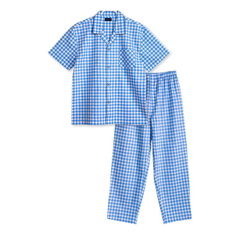 パジャマ メンズ 綿100％ 半袖 春 夏 前開き チェック柄 薄手のシャツ ブルー グレー M L...