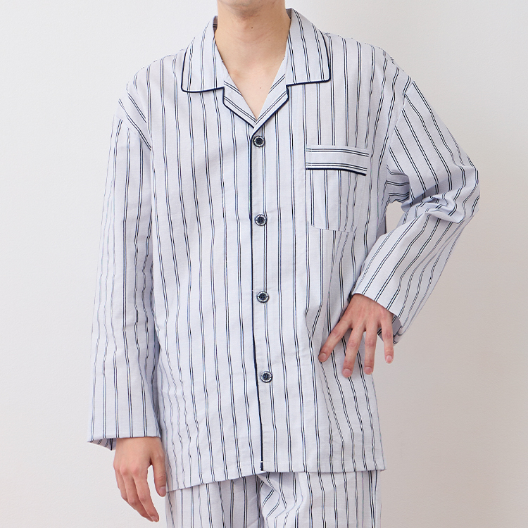 パジャマストライプジャケット パジャマ メンズ 綿100％ 長袖 春 夏 初秋 前開き ボタン ストライプ柄