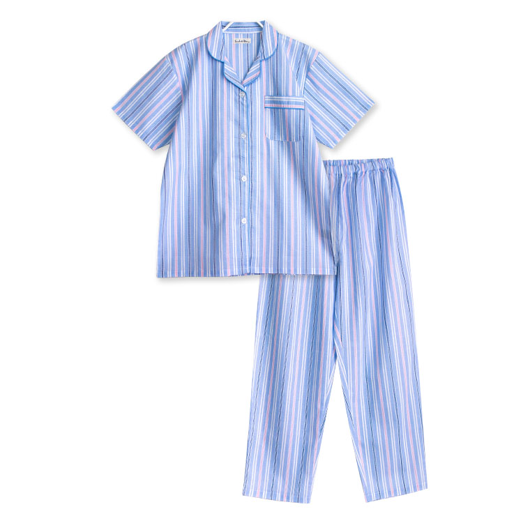 パジャマ レディース 綿100％ 半袖 春 夏 前開き かわいい ストライプ柄 薄手のシャツ ブルー...