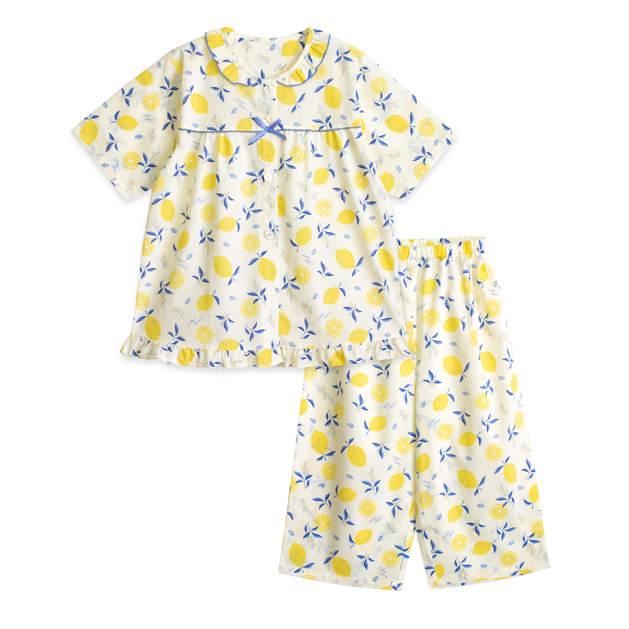 パジャマ キッズ 女の子 綿100％ 半袖 夏 前開き ボタン レモン柄 薄手