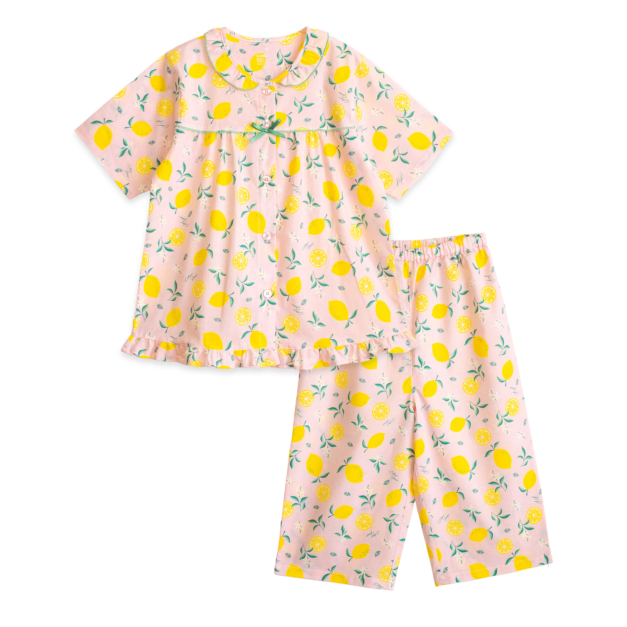 パジャマ キッズ 女の子 綿100％ 半袖 夏 前開き ボタン レモン柄 薄手