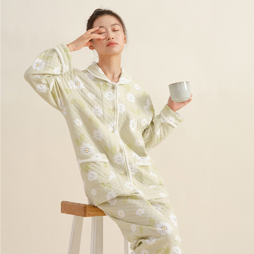 パジャマ レディース 綿100％ ニットキルト 長袖 冬 前開き ボタン