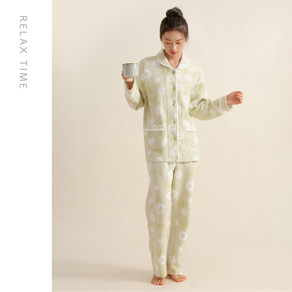 パジャマ レディース 綿100％ ニットキルト 長袖 冬 前開き ボタン