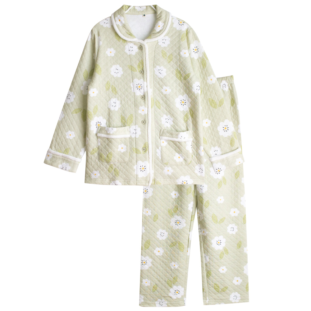 パジャマ レディース 綿100％ ニットキルト 長袖 冬 前開き ボタン