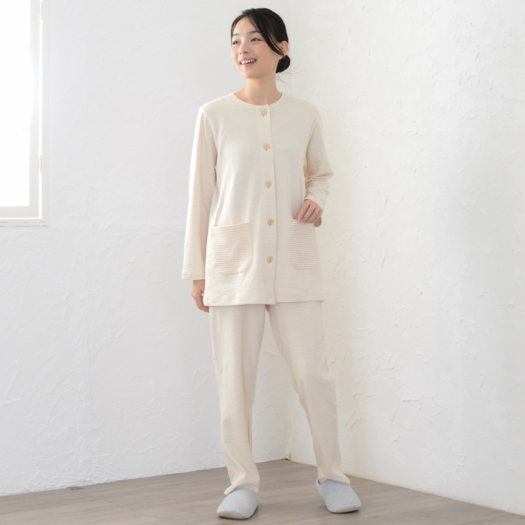 癒しのパジャマ 洛陽染めレディースパジャマ 冬春秋オーガニックコットン 2重ニット 綿 天然染色 前開き お肌の弱い方にお薦め 肌にやさしい 母の日 0315 |  | 02