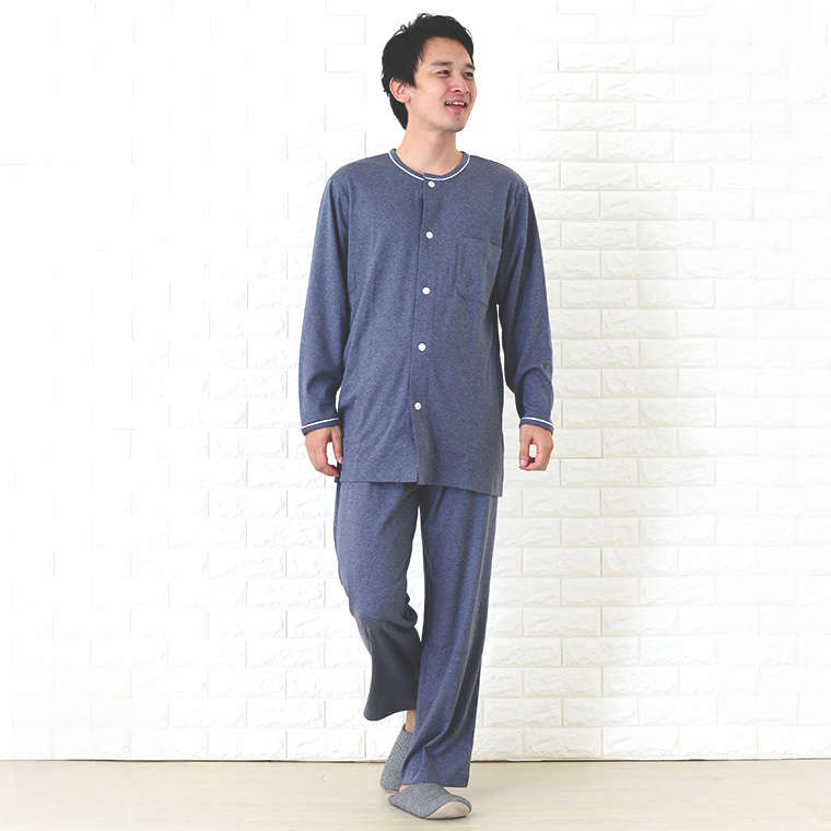 パジャマ メンズ オーガニックコットン 春秋冬 長袖 丸首 前開き 綿 中