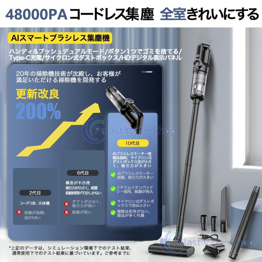 掃除機 コードレス 充電式 強力吸引 人気 サイクロン式 48000Pa 軽量