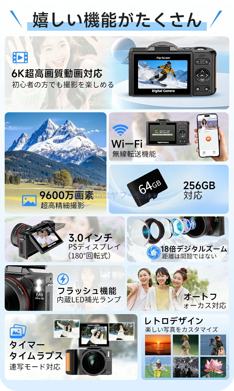 デジタルカメラ WIFI対応 180度回転 6K 9600万画素 コンデジ 日本製