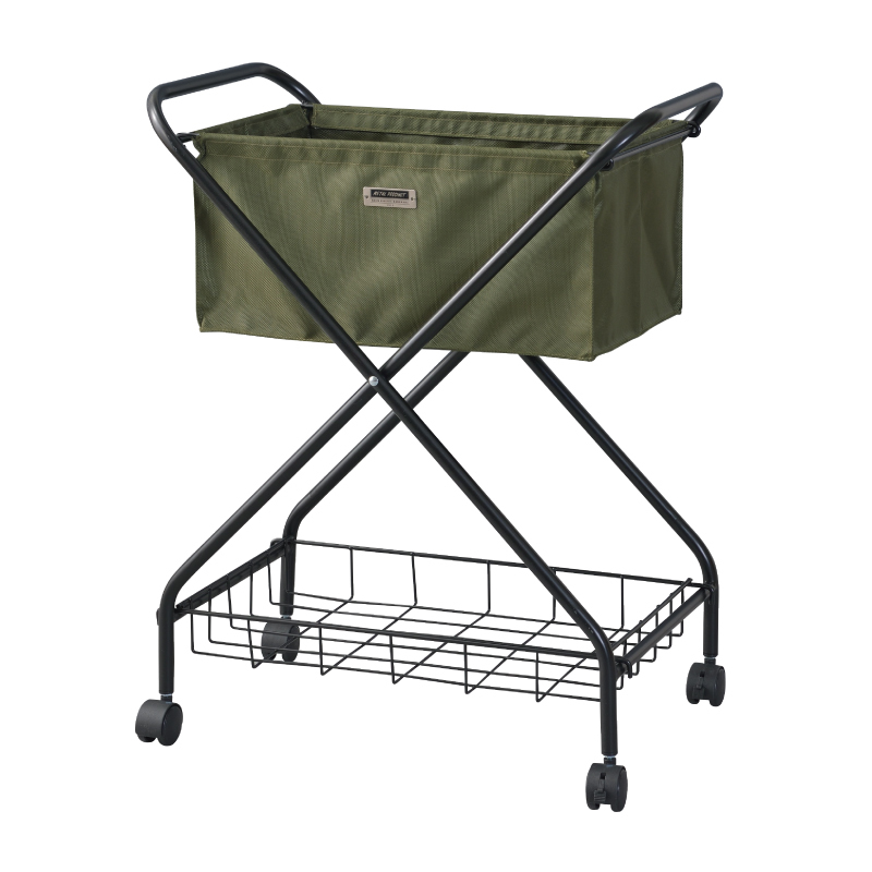 ワゴン バスケットワゴン バスケット キッチンワゴン マルチワゴン フォールディング 折りたたみ 棚付き スチール 黒 ブラック おしゃれ 幅52.5cm ファブリック