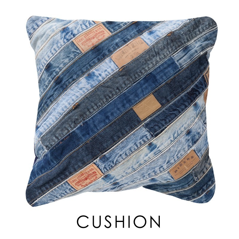 東谷 クッション 45×45 デニム コットン 正方形 パッチワーク ブルー