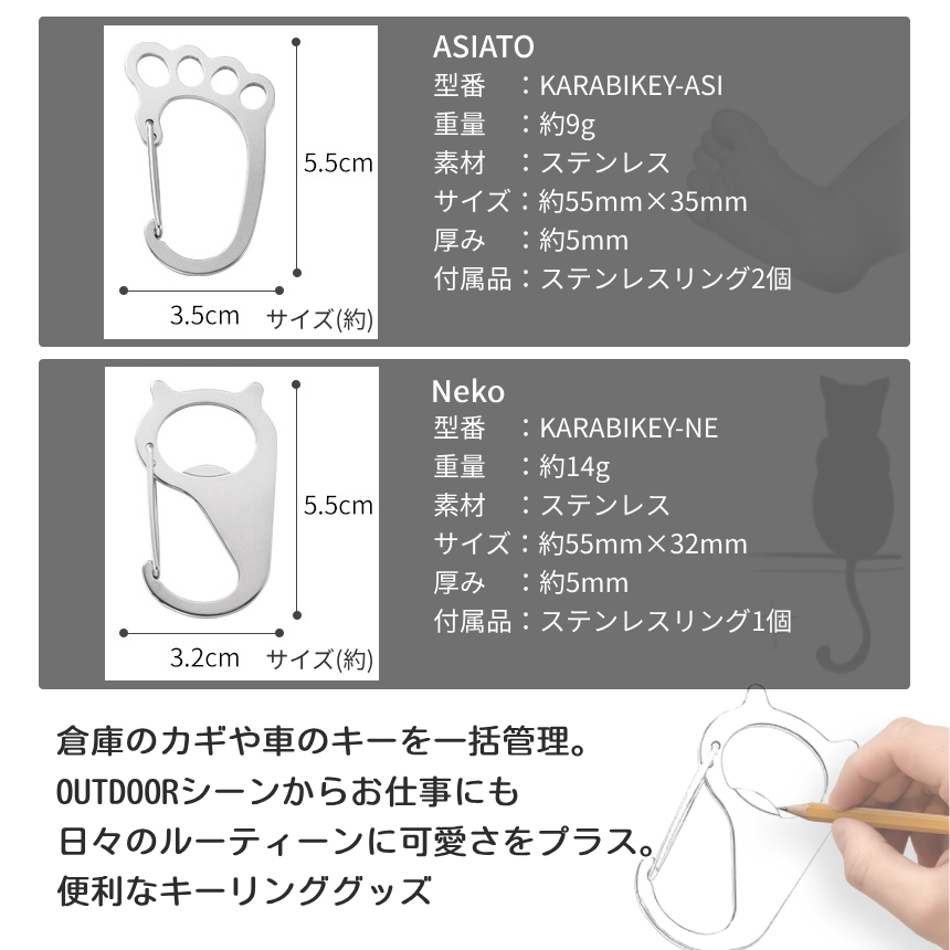 カラビナ キーリング キーホルダー ステンレス ネコ ねこ 猫 足跡 栓