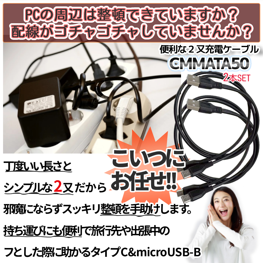 USBタイプC microUSB 分岐ケーブル 2本組 枝分かれ 50cm 黒 シンプル
