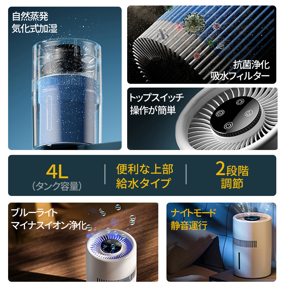 【空間除菌で快適に】気化式加湿器 大容量 4L 18畳対応 乾燥対策 静音　花粉 正規品】 加湿器 気化式 空気清浄機 大容量 4L 最大18畳対応 4重
