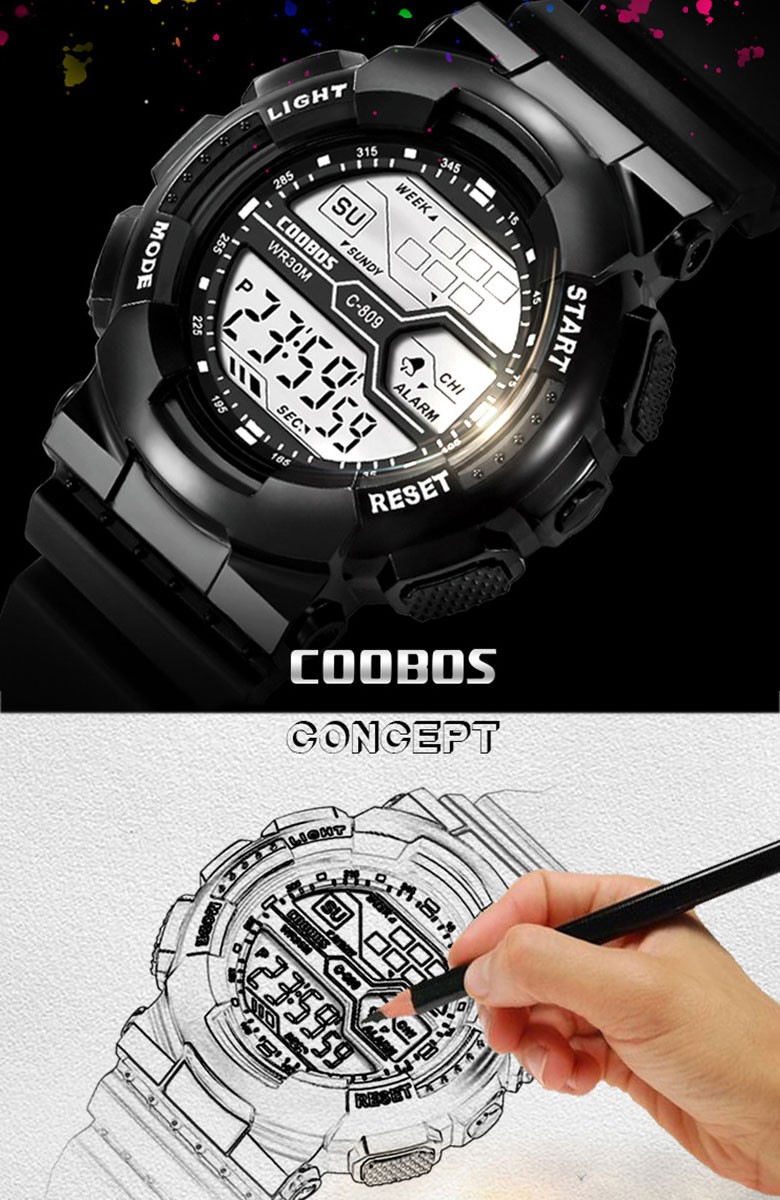 COOBOS デジタル 腕時計 ブランド LED ディスプレイ 30M 防水