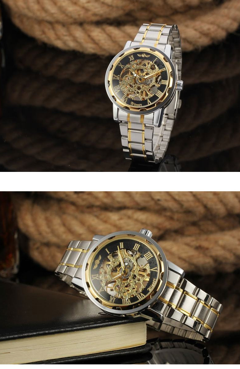 スケルトン メンズ腕時計 手巻き式 ゴールド×シルバー ステンレス