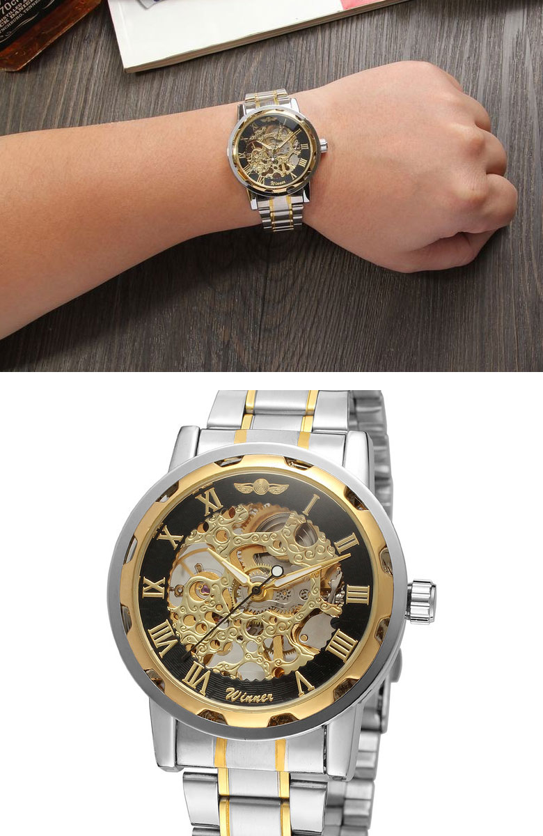スケルトン メンズ腕時計 手巻き式 ゴールド×シルバー ステンレス