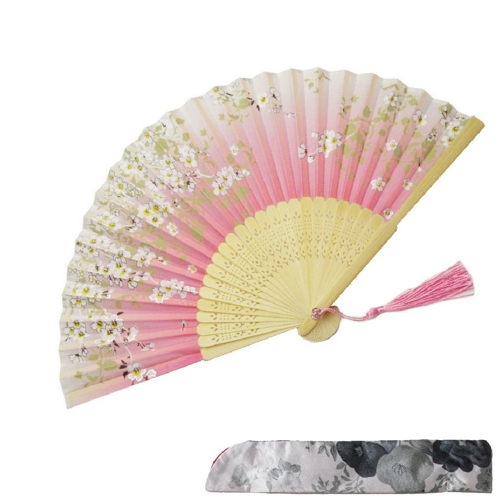 扇子 シルク調 扇子袋付き 折りたたみ 和柄 桜 竹 花柄 透かし彫り 竹