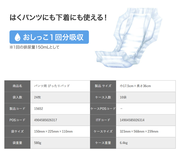 リフレ 尿取りパッド パンツ用 ぴったりパッド 180cc（幅17.5×長さ36cm