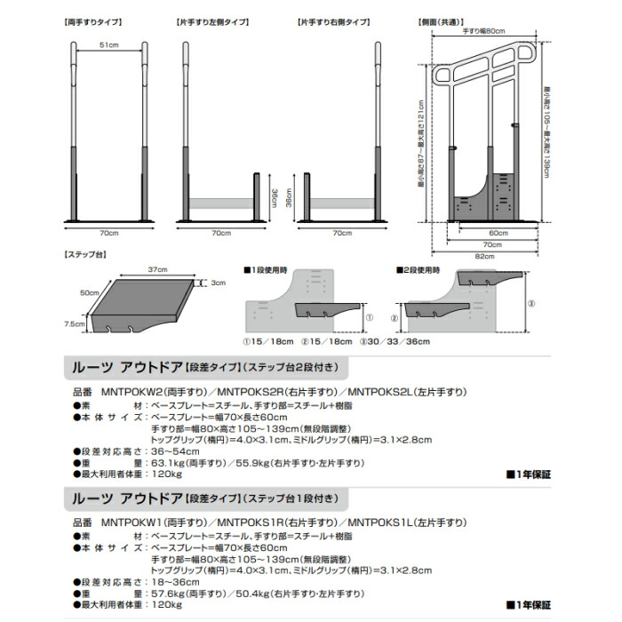 手すり ルーツ アウトドア段差タイプ ステップ台2段 片手すり MNTPOKS2