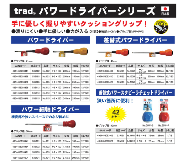 まとめ）TRAD パワー細軸ドライバー/作業工具 (+2X100) 日本製 NO.132
