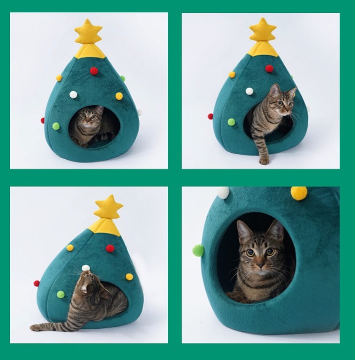 猫 ハウス ドーム型 ハウス 猫ベッド クリスマスツリー型 インテリア 可愛い 冬 保温防寒 フリース素材 65*42*42ＣＭ