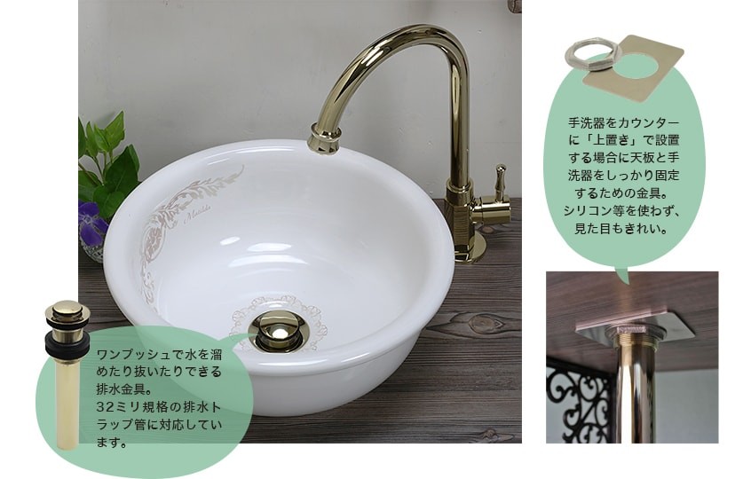 32mm規格の排水部材と卓上手洗い器用固定金具がセット。
