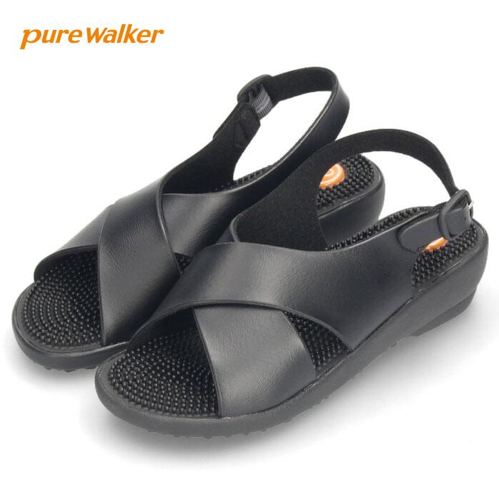 pure walker HEALTH ピュアウォーカー ヘルス 靴 レディース PW7609 オフィスサンダル ナースサンダル ツボ 指圧 滑りにくい 黒 ブラック