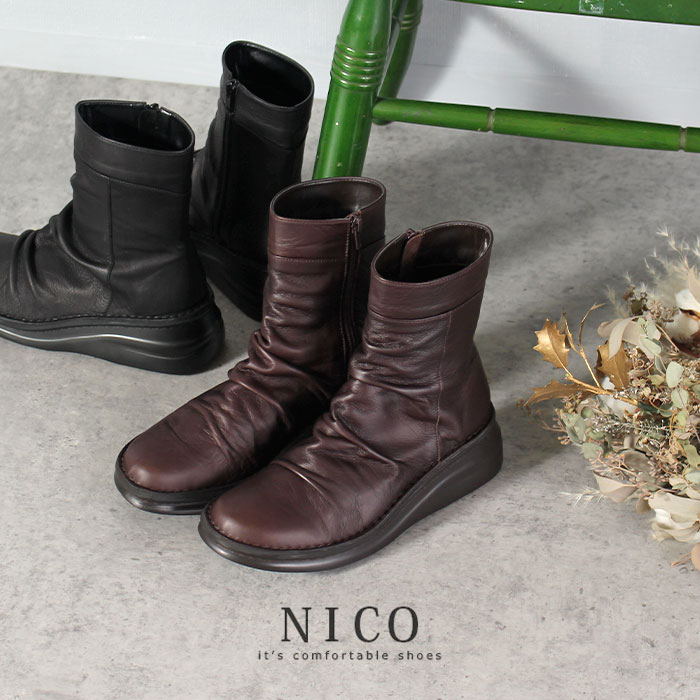NICO ニコ 靴 ブーツ レディース 厚底 ヒール 本革 ショートブーツ