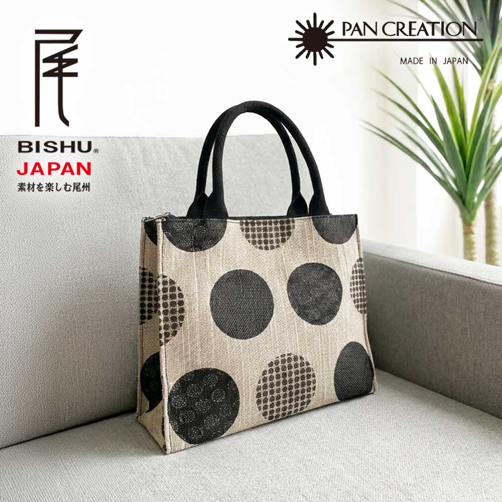 ドット柄刺繍収納バッグ グレー 児島デニムと革のトートバッグ ドット柄：持ち手ブラック 赤タグ