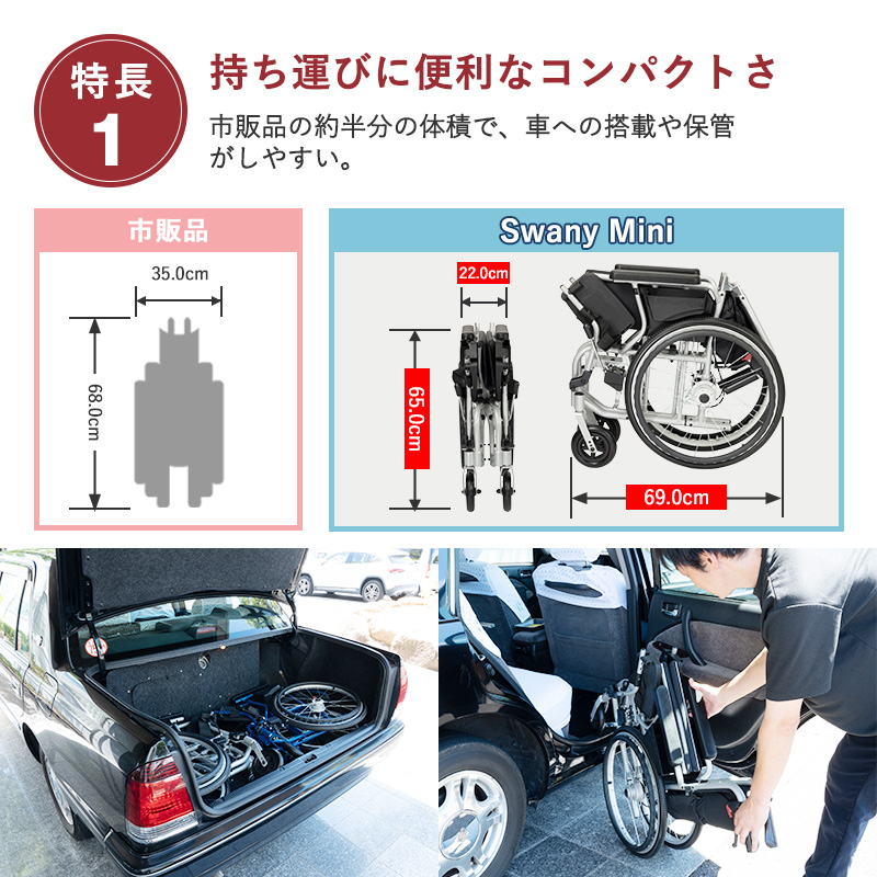 車椅子 軽量 Swany Mini スワニーミニ：世界最小クラス 車いす 車イス コンパクト 折り畳み 介護 リハビリ 自走 介助式兼用 軽い 丈夫  ノーパンクタイヤ 多機能