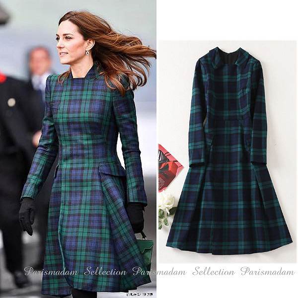 タータンチェックワンピース ひざ下丈 フレアスカート グリーン系 長袖