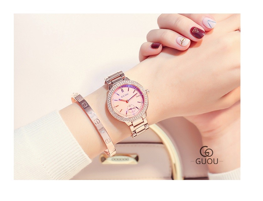 GUOU 腕時計 時計 レディース 女性用 ウォッチ セレブ 人気 アクセサリー ラッピング無料 かわいい ゴールド ブレスレット ダイヤモンド 円形  8141
