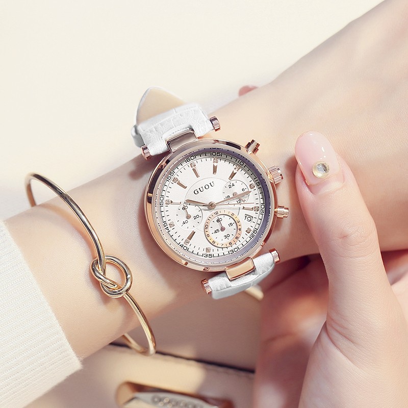 GUOU 腕時計 レディース 女性用 ウォッチ アクセサリー クロノグラフ ストップウォッチ かわいい おしゃれ ゴールド ブレスレット 円形  カレンダー8080s