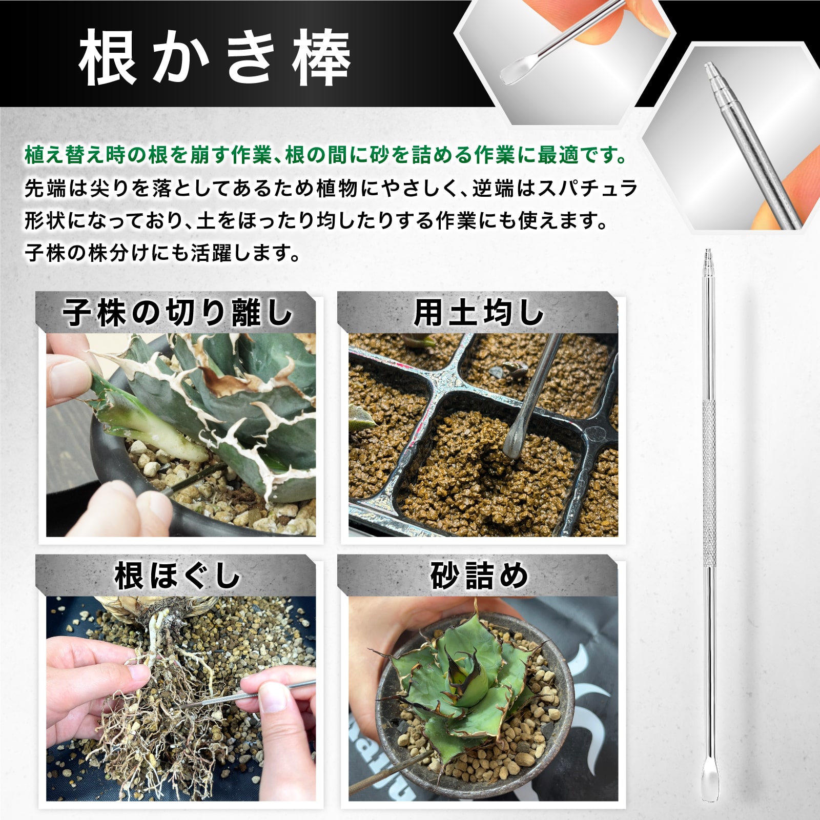 Kaiju Plant ピンセット 4種 + 根かき棒 植替え 美しく仕上げる 多肉 