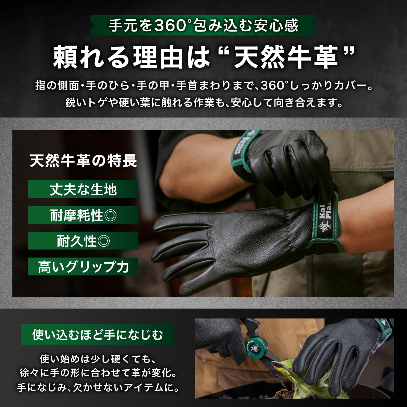 Kaiju Plant 怪獣グローブ 牛革 痛くない トゲ防止 怪我防止 園芸手袋