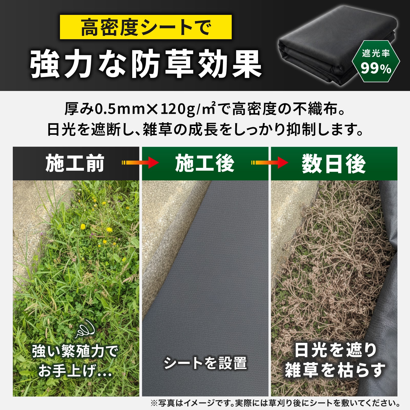 防草シート【1m×10m】U字ピン 黒丸 付き 厚手0.5mm ぼうそうシート