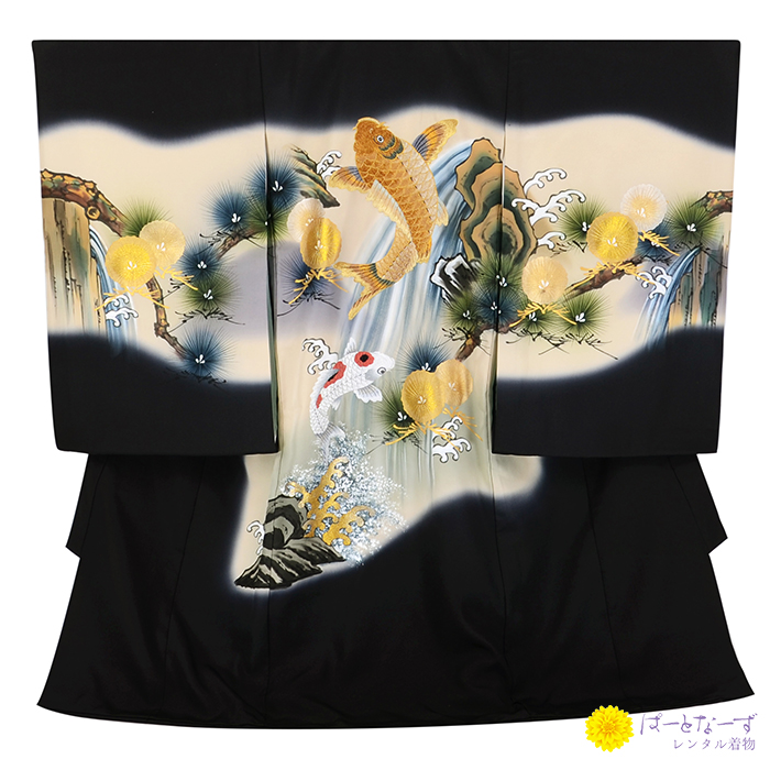男の子 産着 レンタル 正絹 お宮参り 黒地 昇り鯉 0013
