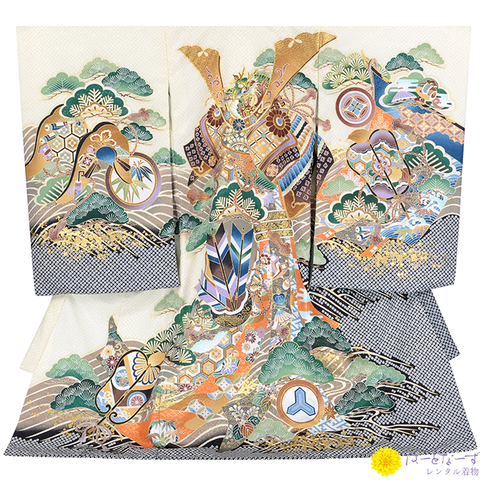 男の子 産着 お宮参り クリーム色 兜 龍 松 矢束ねのし 疋田 0080