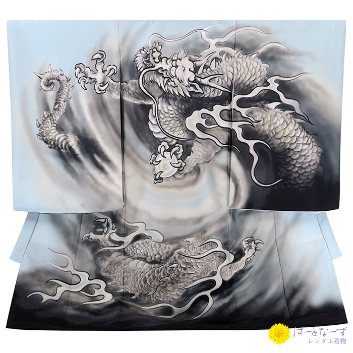 男の子 産着 お宮参り 水色 龍 墨絵 0109