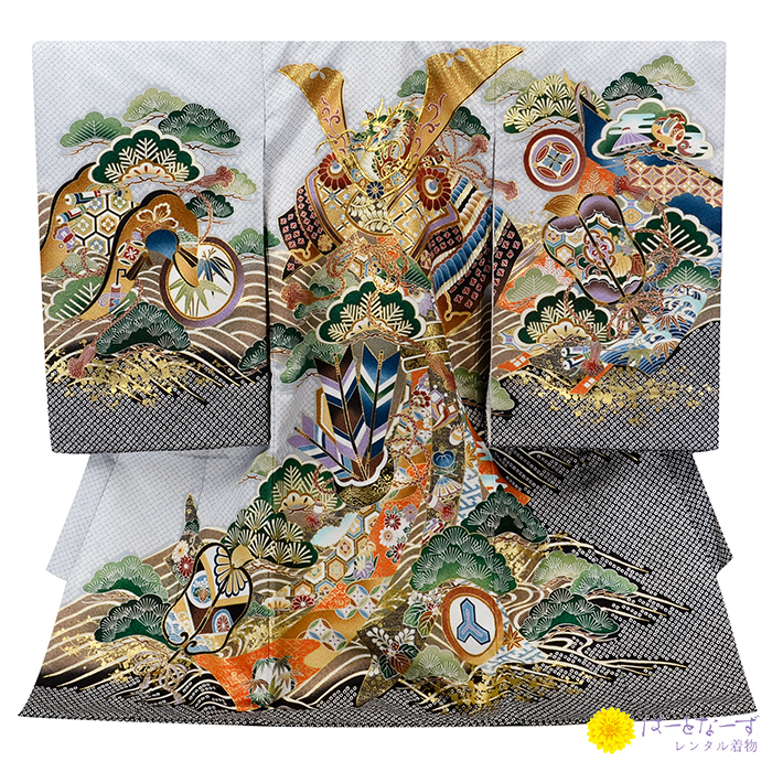 男の子 産着 レンタル お宮参り 兜 疋田 薄グレー 松 波 軍配 0124