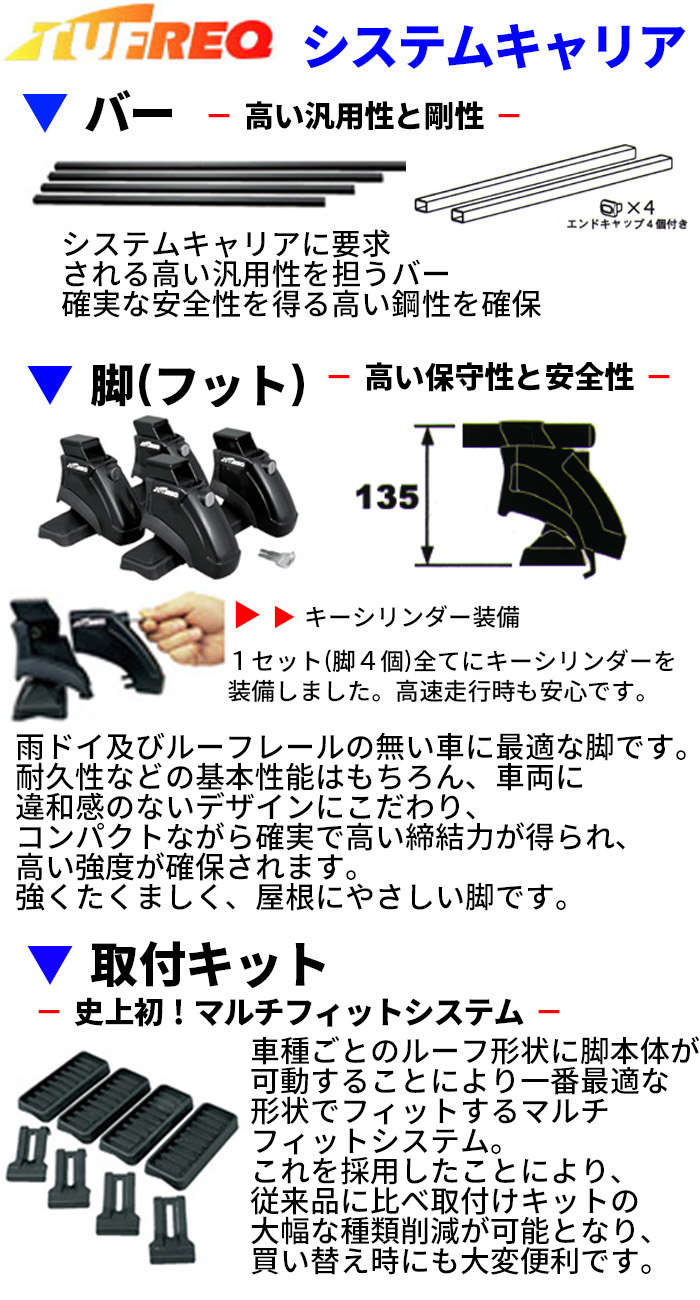 プロボックス NCP16# NSP16# 全車 システムキャリア VB8 FFA1 TB1 1台分 2本セット タフレック TUFREQ ベースキャリア｜partsking｜02